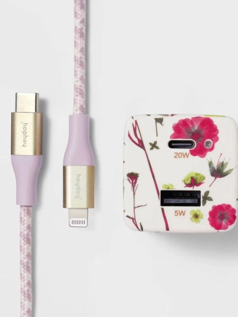 heyday Pink Floral USB-C to Lightning Fast Charging Cable and 20W Adapter